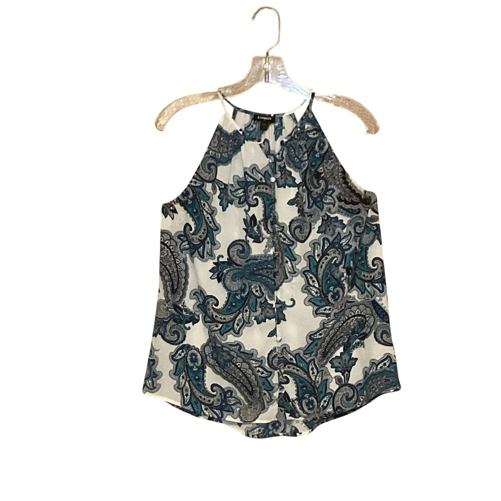 Express Halter Top Womens Medium Blue Boho Paisley Button Front Sleeveless Airy